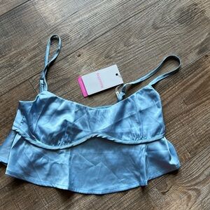 Beginning Boutique Light Blue Satin Crop Top